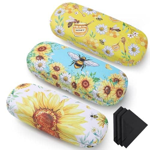 Image of ViEinkaufen 3 Pack Hard Shell Glasses Case, Honeybee Leather Sunglasses Cases Large Glasses Case with Cleaning Cloth, Travel Portable Eyeglass Case for Women Girl Men