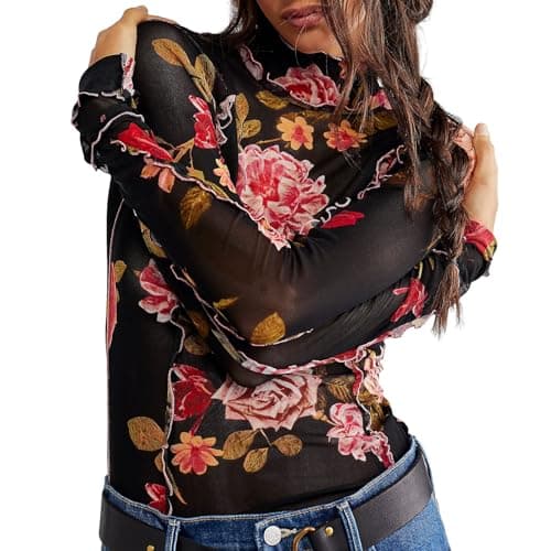 Image of Womens Mesh Sheer Long Sleeve Layering Top Mock Neck Floral Print See Through Shirt Tops Lettuce Trim Mesh Crop T Shirt (Black, M)