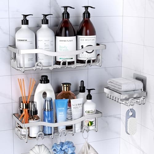 Image of PKBD Rustproof Stainless Steel Shower Caddy 3 Pack, Bathroom Storage Accessory Shelf Organiser No Drilling Hanging, Soap Holder Set, Kitchen Wall Mounted Corner Decor, Silver