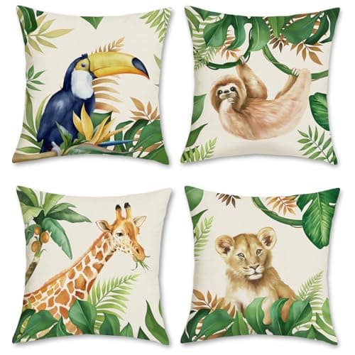 Image of Bonhause Jungle Animals Cushion Covers 45 x 45 cm Tropical Lion Giraffe Sloth Toucan Decorative Throw Pillow Covers Summer Pillowcases for Sofa Outdoor Decor Set of 4
