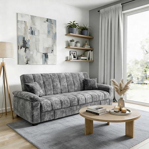 Image of DAKO® 3-Seater Sofa Bed VERONICA with Storage – Pull-Out Sleeper in Cream or Grey – Modern Upholstered Sofa for Living Room or Guest Room – Compact & Comfortable Design (Dark Grey)