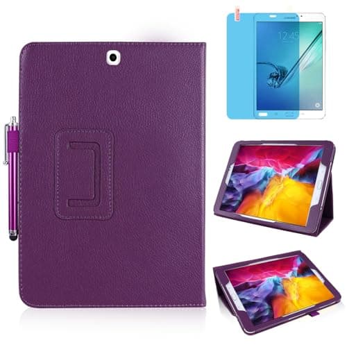 Image of Slim Leather Case for Samsung Galaxy Tab S2 9.7 Inch 2015 (SM-T810 T813 T815 T817 T819), Multi-Angle Stand Full-Protective Tablet Cover Book Case with Stylus Pen,Screen Film (Purple)