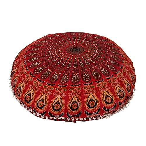 Image of 32" Mandala Large Floor Pillow Cover Meditation Cushion Seating Throw Hippie Round Colourful Decorative Bohemian Accent Boho Chic dog bed Indian Pouf Ottoman Handmade COVER ONLY (Peacock-Red)