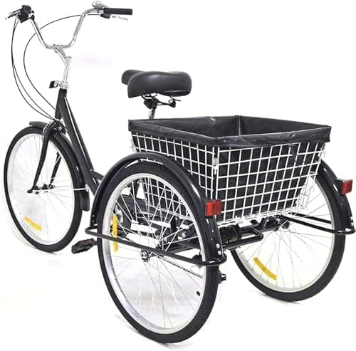 Image of VonVVer 24 Inch Tricycle for Adult 8 Speed - Cruiser Bikes Height Adjustable Cargo Trike 110KG Load 3 Wheel Adult Trike Bike with Basket and Black Bag Cargo for Women Men (Black)