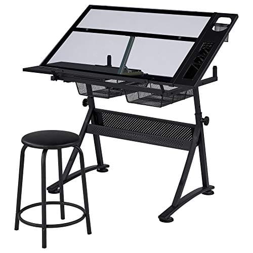 Image of Yaheetech Height Adjustable Glass Drafting Table with Tilting Tabletop Artist Craft Desk with Open Drawers & Shelf, 121 x 60cm Black Office Workstation with Glass Tabletop