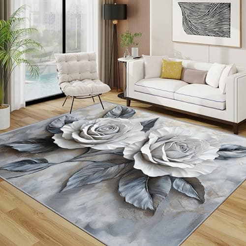 Image of Floral Rugs Living Room Large 160x230 - Grey Rose Flower Bedroom Rug, Modern Minimalist Washable Non Slip Low Pile Carpet, Floral Home Decor