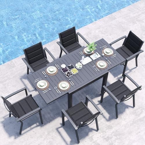 Image of JUMMICO Garden Table and Chairs Set, Extendable Table + 6 Stackable Textilene Chairs, Aluminium Frame Space-Saving Outdoor Dining Set for Patio & Garden – Dark Grey