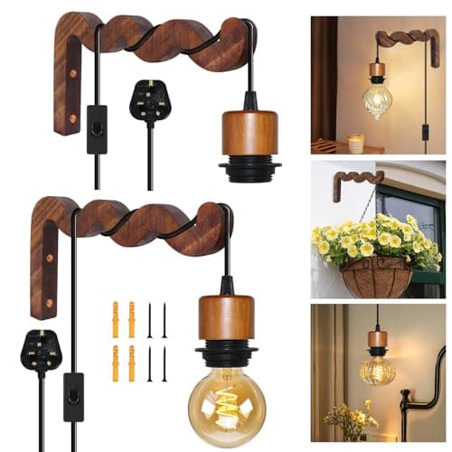 Image of E27 Retro Wall Light Fitting,2 Pcs Black Indoor Wall Lamp with 5M Plug and Switch,Industrial Plug in Pendant Lighting with 20X12cm Wooden Wall Brackets,Rustic Wall Sconces for Bedroom,Hallway,No Bulb