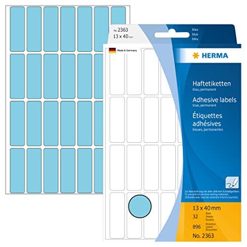 Image of HERMA Multi Purpose Labels, 28 Labels per Sheet, 32 Sheets, 13 x 40 mm, 896 Labels, Self Adhesive Small Labels Stickers, Blank Sticky Labels for Office Kitchen Home, Blue