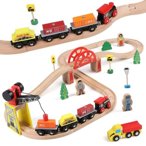 Image of KABENFIS Wooden 39 Pcs Train Tracks Toys with Crane Bridge and Wooden Railway Tracks Toys for Kids