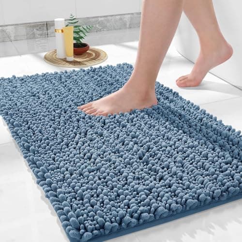Image of Yimobra Bathroom Mat, 43 x 61 cm, Soft Shaggy and Comfortable, Large Size, Super Absorbent and Thick, Non-Slip, Machine Washable, Perfect for Bathroom, Denim Blue