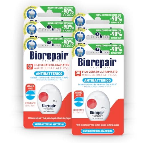 Image of Biorepair , Ultra-Flat Waxed Antibacterial Dental Floss, with MicroRepair® for Tight Spaces, for Oral Care, Ideal for Sensitive Teeth, Fresh Mint Flavor, Pack of 6 x 30 meters