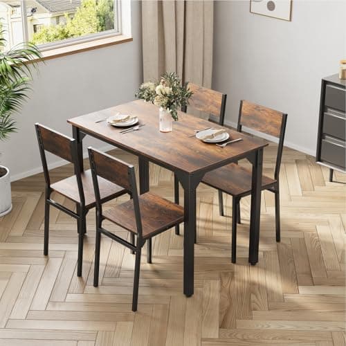 Image of Warmiehomy Dining Table and Chairs Set 4, Kitchen Table with 4 Chairs Modern Rectangular Metal Frame & MDF Board Dining Furniture Set for Dining Room, Living Room,Brown,105x60x76CM