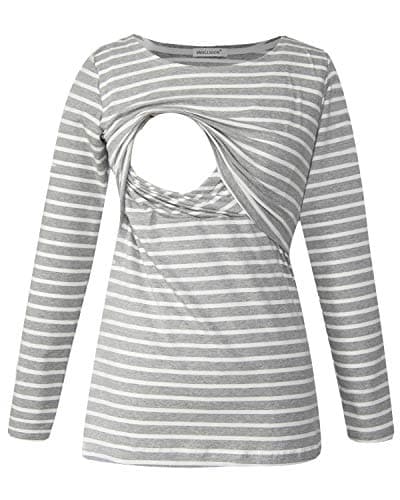 Image of Smallshow Women's Long Sleeve Breastfeeding Top Maternity Nursing T-Shirt Pregnancy Clothes Grey Stripe M