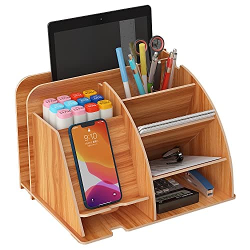 Image of NUODWELL Wooden Desk Organiser with Phone Docking Station, Office Stationary Desk Tidy Organiser Pencil Holder Storage Box Desk Accessories (Cherry)