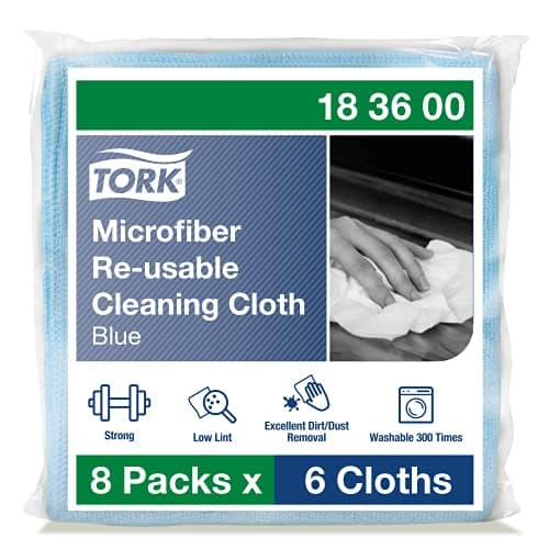 Image of Tork Microfiber Reusable Cleaning Cloth Blue, Dry and Wet Use, 8 x 6 cloths, 183600