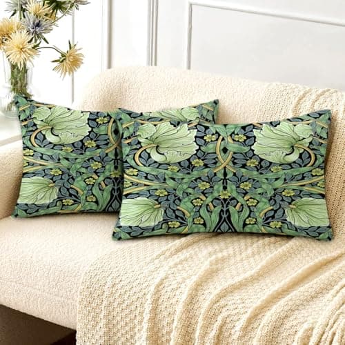 Image of HUASHUZI Cushion Covers Rectangle Long Oblong William Morris 30x50cm Green Leaf Decorations Double Sided Pattern Throw Pillow Case Set of 2 Home Decor for Sofa Bench Couch
