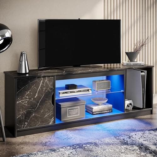 Image of Bestier 145 CM LED TV Stand for 55/60 / 65 Inch TVs Gaming Entertainment Center with Cabinet for PS5 Modern TV Cabinet with Adjustable Glass Shelves for Living Room Bedroom