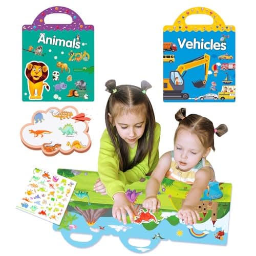 Image of Reusable Sticker Books for Toddlers, Plane Activities for Toddler Sticker Books 1-2 Years 2 Pack(Animals Vehicles)