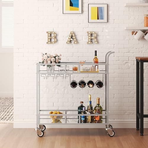 Image of Garvee 2-Tier Drinks Trolley, Bar Cart on Wheels, Beverage Cart with Wine Rack & Glass Holders, Serving Trolley with Mirrored Glass Shelves for Kitchen, Dining Room, Bathroom, Living Room, Home Bar