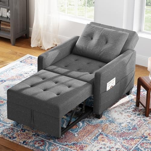 Image of Vesgantti 3 in 1 Sofa Bed Dark Grey, Convertible Sleeper Chair with Adjustable Backrest, Fabric Single Sofa Bed Chair with Side Pockets, Foldable Pull Out Bed for Living Room