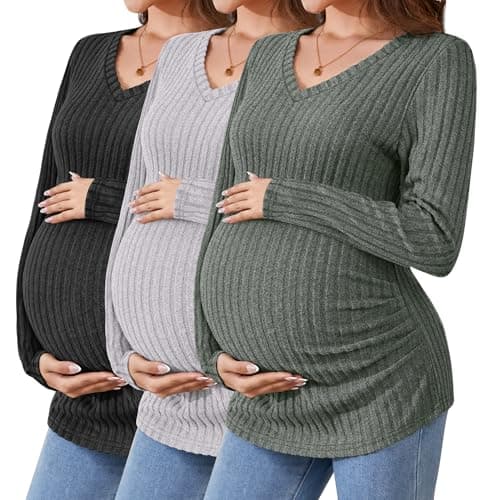 Image of Ficerd 3 Pack Women's Maternity Shirts Ribbed Long Sleeve Pregnancy Tops V Neck Knit Side Ruched Pregnant Clothes Sweater(Army Green, Light Grey, Black,L)