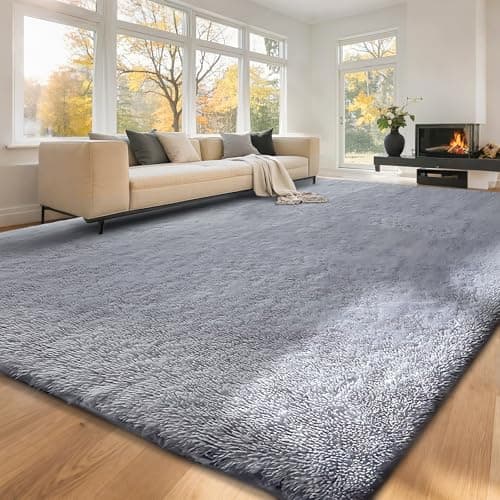 Image of Rugs Living Room: 160x230cm Grey Large Rug for Living Room - Washable Rug Super Soft Fluffy Shaggy Rugs Suit for Dorm Nursery Bedside Kids Room Lounge Office Home Decor - Anti-Slip Backing Carpets