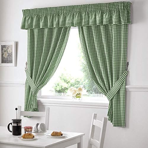 Image of Alan Symonds GINGHAM KITCHEN CURTAINS PAIR Pelmets Tiebacks Seat Pads 6 COLOURS 46'' x 54'' / Green, 117 l x 137 h centimeters