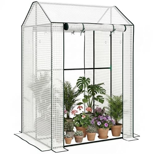 Image of Outsunny Mini Greenhouse, Tomato Greenhouse Green House for Garden with 2 Roll-up Doors, Vent Holes and Reinforced PE Cover, 100 x 80 x 150cm, White