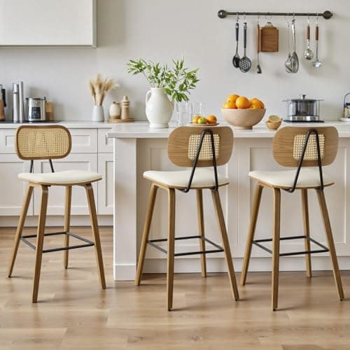 Image of WOOW DEPOT Walnut Bentwood Bar Stools set of 3 with Rattan Back, 65CM Counter Height Barstools with Upholstered Faux Leather, Armless Scandinavian Style Bar Chairs for Kitchen Island, Cream