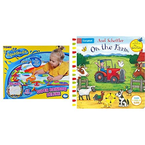 Image of Aquadoodle Super Rainbow Deluxe Large Water Doodle Mat, Official TOMY No Mess Colouring & Drawing Game& On the Farm: A Push, Pull, Slide Book