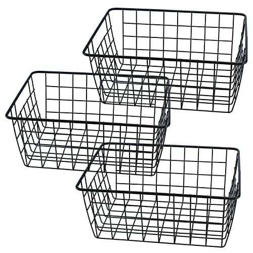 Image of SINJEUN Set of 3 Black Wire Storage Baskets, 28x22x12 cm Large Wire Baskets with Handles, Metal Basket Organizer Bins for Cabinet, Office, Bathroom, Shelf Storage