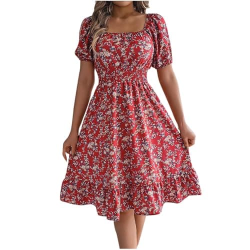 Image of Zeiayuas Summer Dresses for Women UK Floral Boho Midi Dress Casual Tunic Off Shoulder Dress Short Sleeve Square Neck Milkmaid Dress Flower A-line Dress Baggy Beach Long Dress Sundress Red