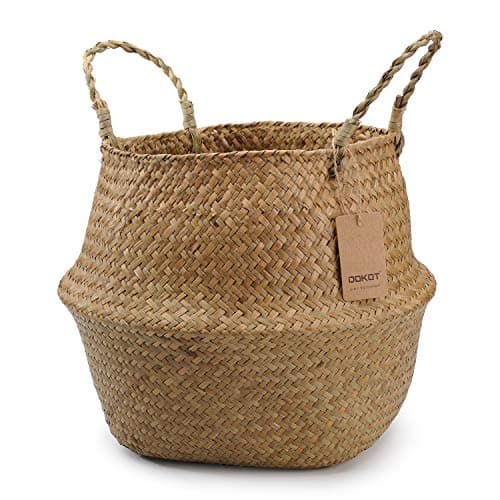 Image of DOKOT Seagrass Basket Belly Plant Pot Woven Basket With Handle, Foldable Laundry Basket Toys Storage (Natural)