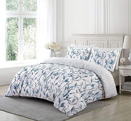 Image of Duvet Cover Set with Pillowcases 3 Piece, Floral Printed 200 Thread Count 100% Super Soft Fiber White & Blue Duvet Cover Bedding Set Double King Super King Bed Size (Double)