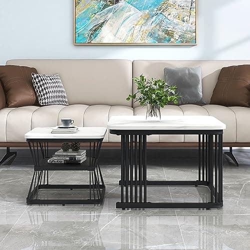 Image of Merax Nest of 2 Tables Square Coffee Table Marble Coffee Table Set Nesting Sofa Table with Black Metal Frame Legs Suitable for Living Room Home White