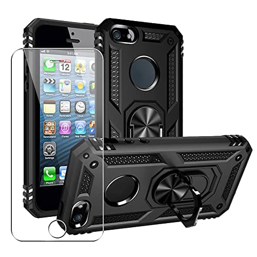 Image of SDTEK Case Compatible with iPhone SE (2016-2019) 5 5s, Strong Rugged Hybrid Phone Cover with Magnetic Ring Holder + Stand and Glass Screen Protector 360 (Black)