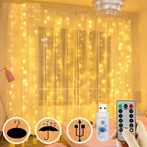 Image of FANSIR Curtain Fairy Lights, 3m×3m 300LED Fairy Lights with 8 Modes Remote Control Timer Adjustable Brightness Waterproof Curtain Light Plug in for Bedroom Garden Party Wedding Christmas (Warm White)