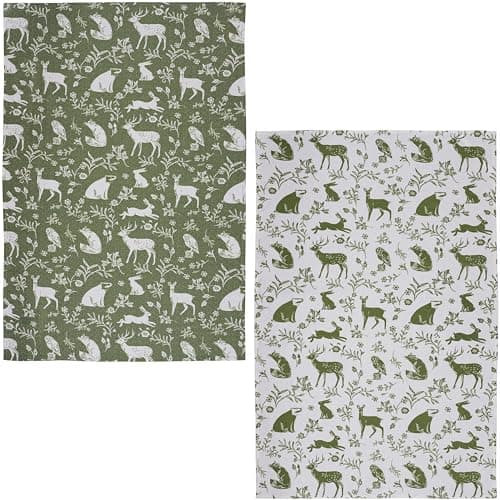 Image of Ulster Weavers - Woodland Animals Tea Towels 2 Packs (74 x 48cm) - 100% Cotton - 2 Colours - Sage Green Dish Cloths/Dish Towel with Forest Animals (Fox, Owl, Deer & Hare) - Kitchen Accessories & Decor