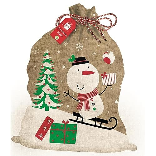 Image of Giftmaker Christmas Santa's Sack Childrens Presents Large Brown Calico Bag Snowman Design