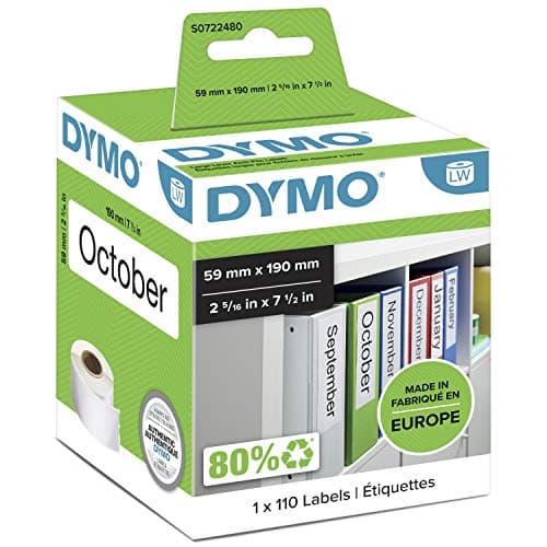 Image of DYMO Authentic LabelWriter Lever Arch File Labels | 59 mm x 190 mm | Self Adhesive | Roll of 110 Easy-Peel Labels | for LabelWriter Label Makers | Made in Europe