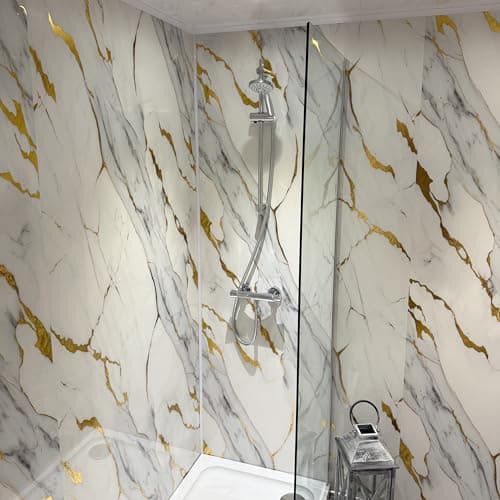 Image of DBS White Gold Marble Gloss Shower Panel 1000mm Wide PVC Bathroom Wall Cladding 1m x 2.4m