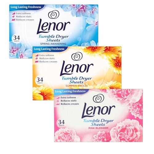 Image of Lenor Tumble Dryer Sheets - 3 Pack Bundle with Spring Awakening, Summer Breeze & Pink Blossom Scents, 34 Per Pack | 102 Total