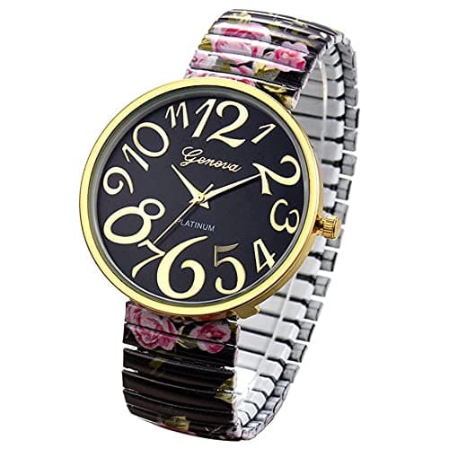 Image of JewelryWe Women's Big Dial Easy Reader Watch Floral Elastic Stretch Band Wristwatch, for Xmas Christmas