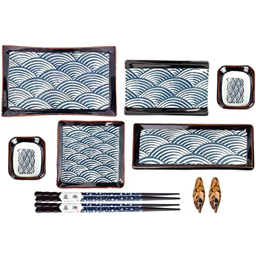 Image of Artcome 10 Piece Japanese Style Ceramic Sushi Plate Dinnerware Set with 4 Sushi Plates, 2 Sauce Dishes, 2 Pairs of Chopsticks, 2 Chopsticks Holders