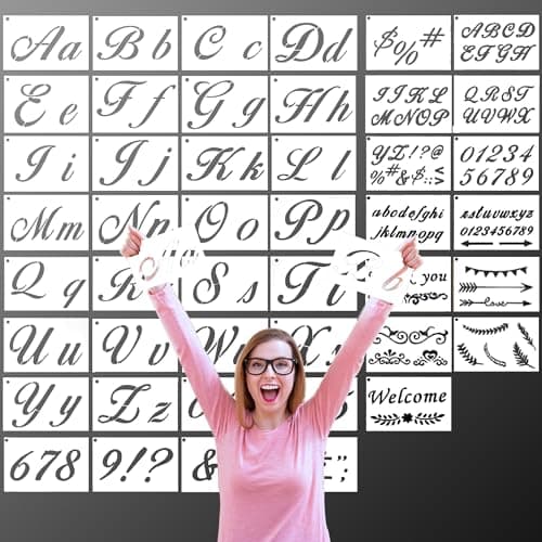 Image of 45 Pieces 175 Designs Letter Stencils for Painting on Wood, Art Craft Stencil, Plastic Alphabet Stencils for Crafts Reusable with Calligraphy for DIY (with Metal Ring)