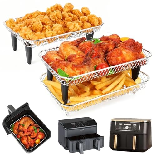 Image of BYKITCHEN Enlarged Air Fryer Accessories for Ninja Foodi Max AF400UK 9.5L & COSORI Dual 8.5L, 3-Tier Stacking Rack with 8 Silicone Feet, Grill Rack for EMtronics/Cuisinart Dual Basket Air Fryers