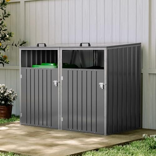 Image of Warmiehomy Wheelie Bin Storage 2 Bin Storage for Wheelie Bins Galvanized Steel Outdoor Garbage Can Store with Locking Door Double Wheeled Bins Hideaways with Lifting Lids,Grey