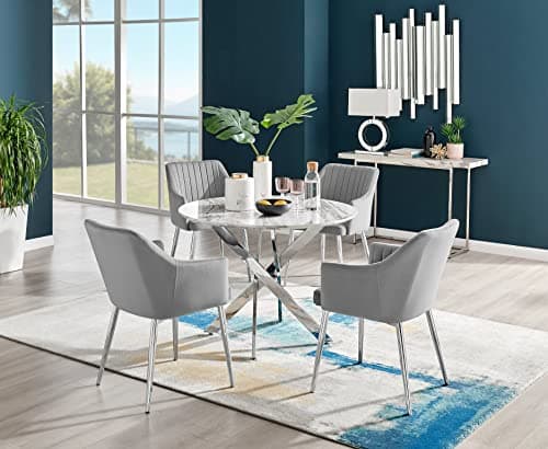 Image of Furniturebox UK Novara White Marble Effect Round Dining Table & 4 Grey Calla Silver Leg Chairs
