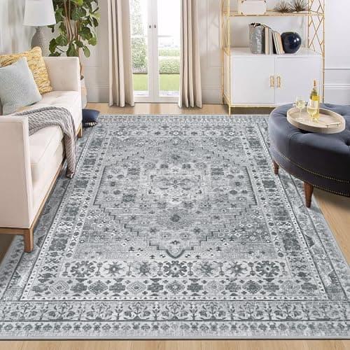 Image of Capslpad Washable Rugs Living Room 160x230cm Distressed Vintage Area Rugs Non-Slip Traditional Oriental Bedroom Carpet Low Pile Thin Floor Mat Rug for Dining Room Kitchen Office Decor, Grey